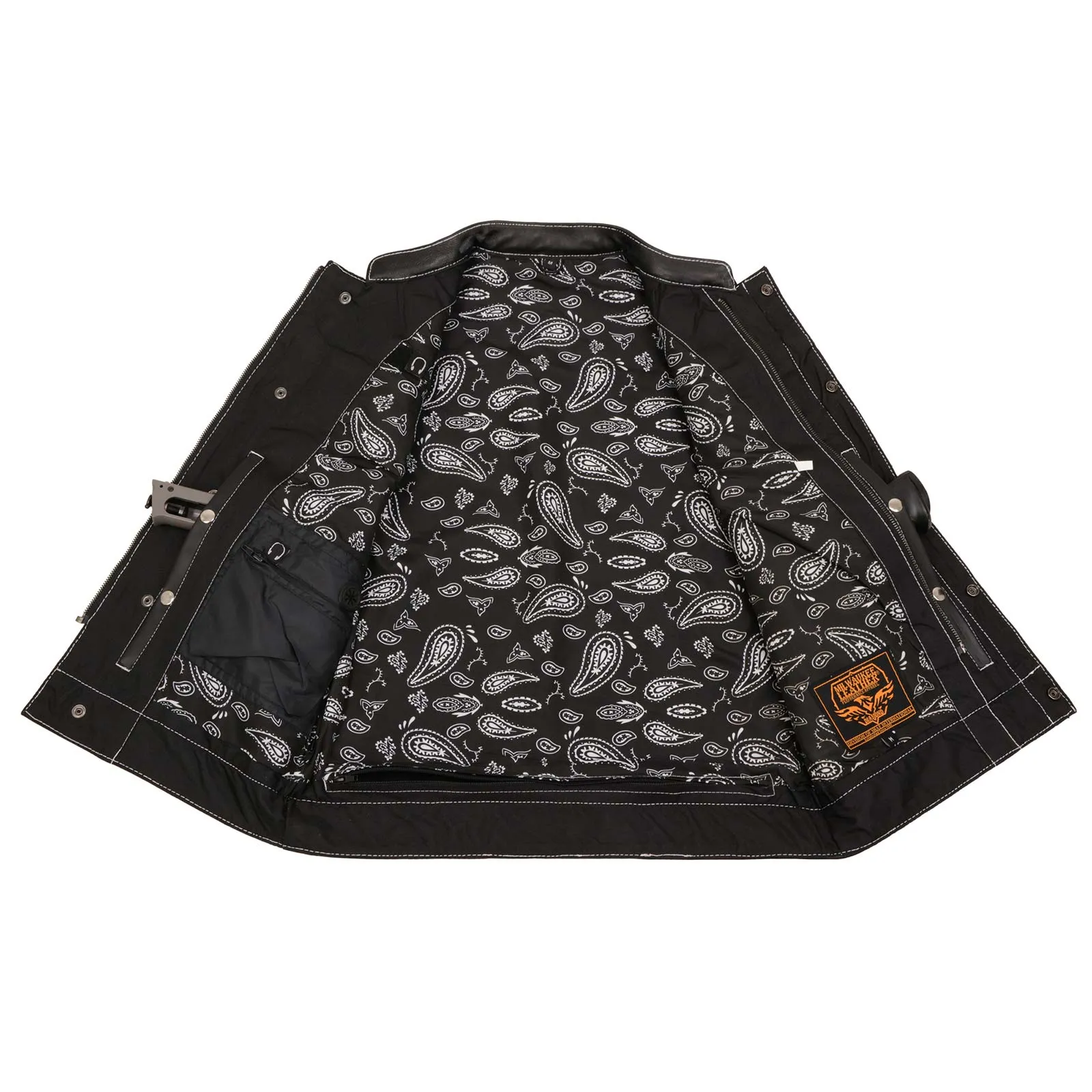 MLM3525 Men's Black 'Paisley' Accented White Stitching Leather Vest – w/Armhole Trim Open Collar Design