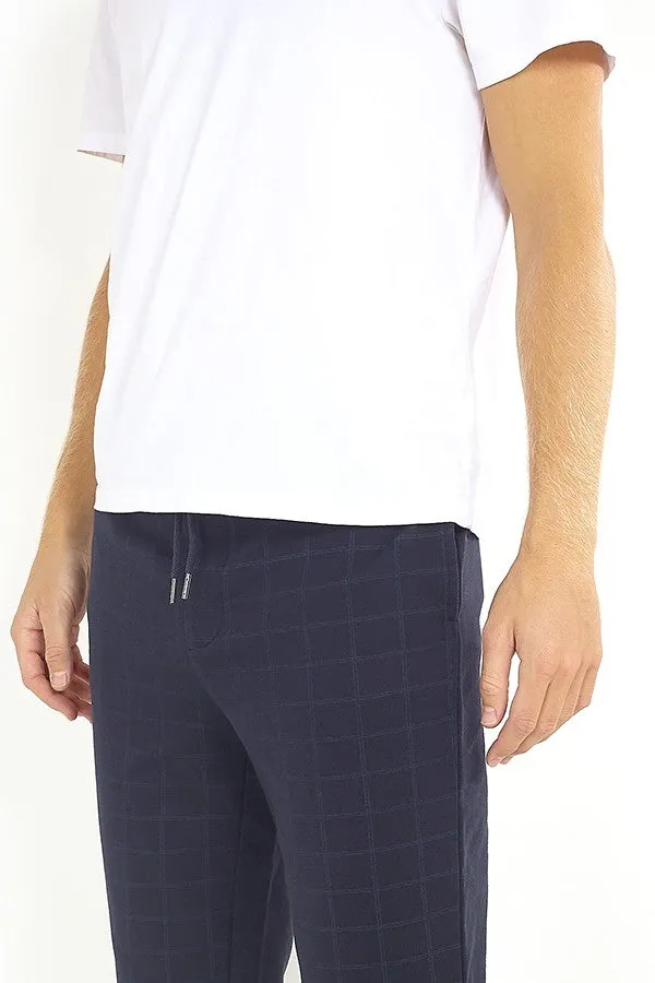 NAVY WINDOWPANE CHECK JERSEY DRAWSTRING TROUSERS