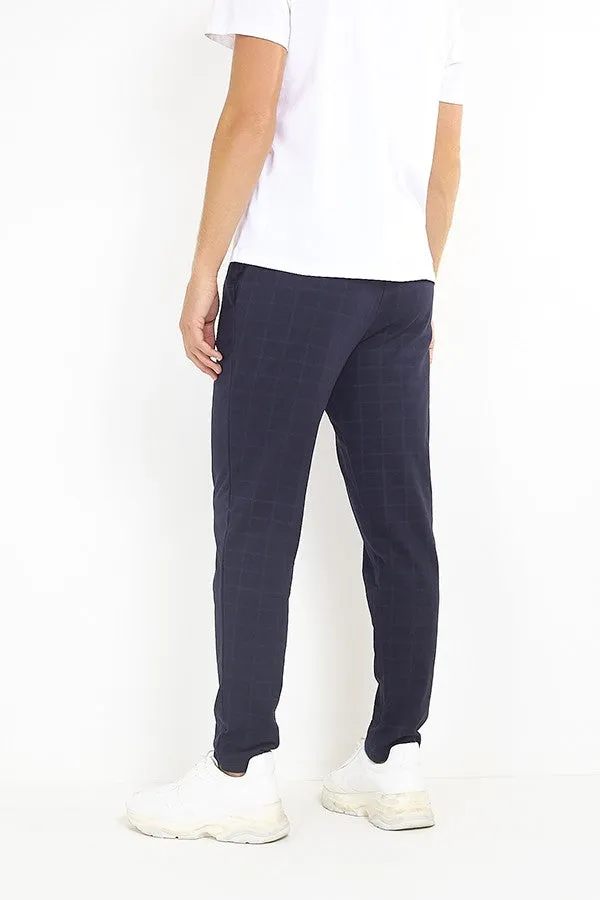NAVY WINDOWPANE CHECK JERSEY DRAWSTRING TROUSERS