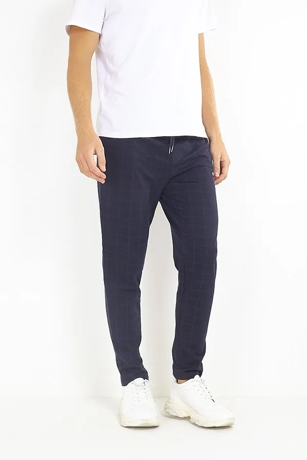 NAVY WINDOWPANE CHECK JERSEY DRAWSTRING TROUSERS