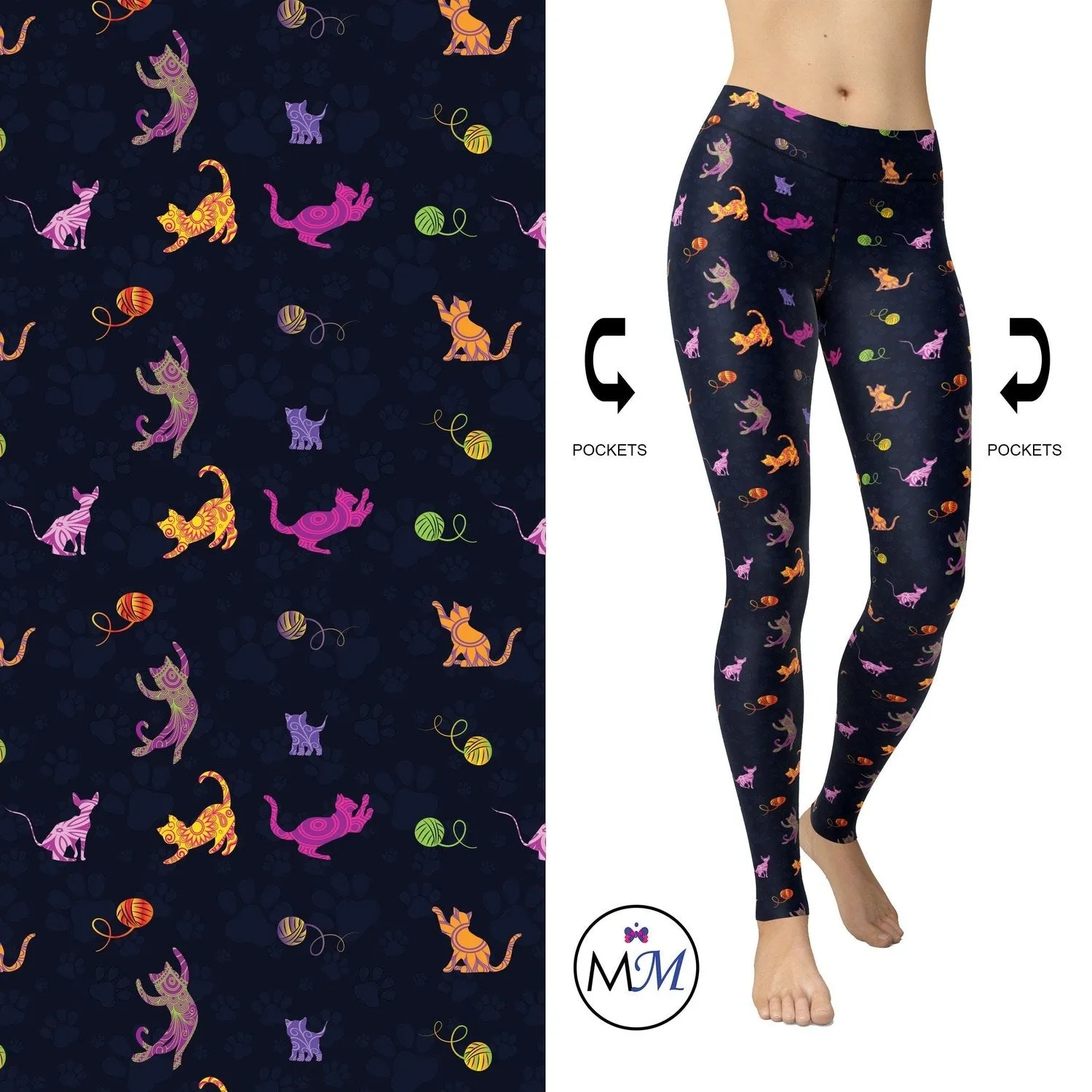 Paisley Kitty Cat Leggings available in Full Length  on Blue Paw Background Pockets