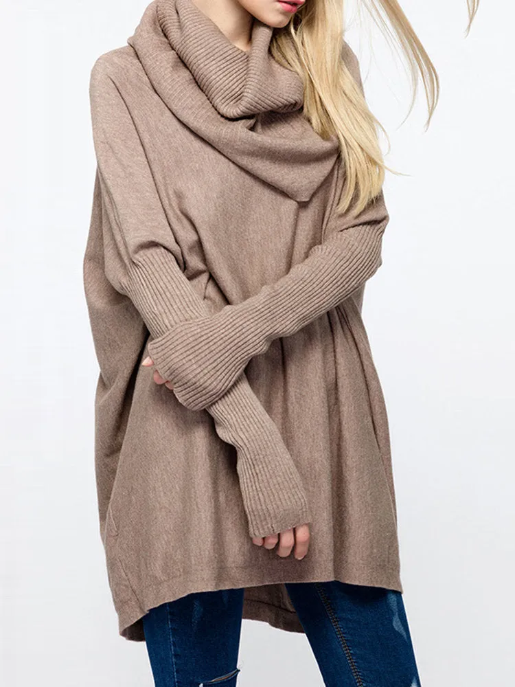 Pure Color Cowl Neck Loose Sweaters