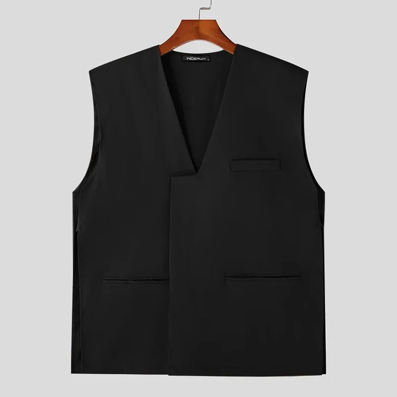 Riolio Fashion Men Vests Solid Color Streetwear V Neck Sleeveless Button Waistcoats Men Oversize Male Casual Vests S-5XL INCERUN