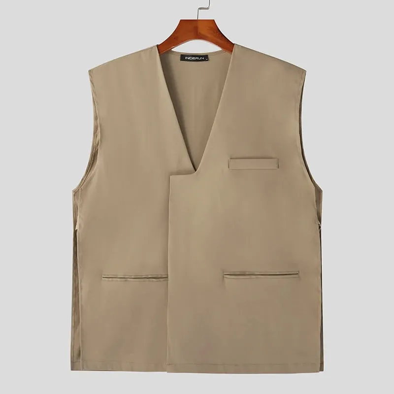 Riolio Fashion Men Vests Solid Color Streetwear V Neck Sleeveless Button Waistcoats Men Oversize Male Casual Vests S-5XL INCERUN