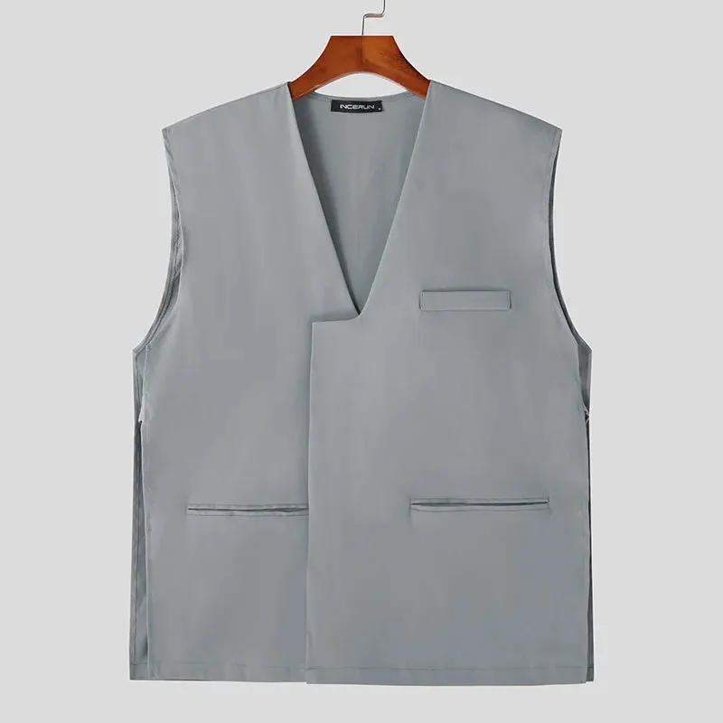 Riolio Fashion Men Vests Solid Color Streetwear V Neck Sleeveless Button Waistcoats Men Oversize Male Casual Vests S-5XL INCERUN