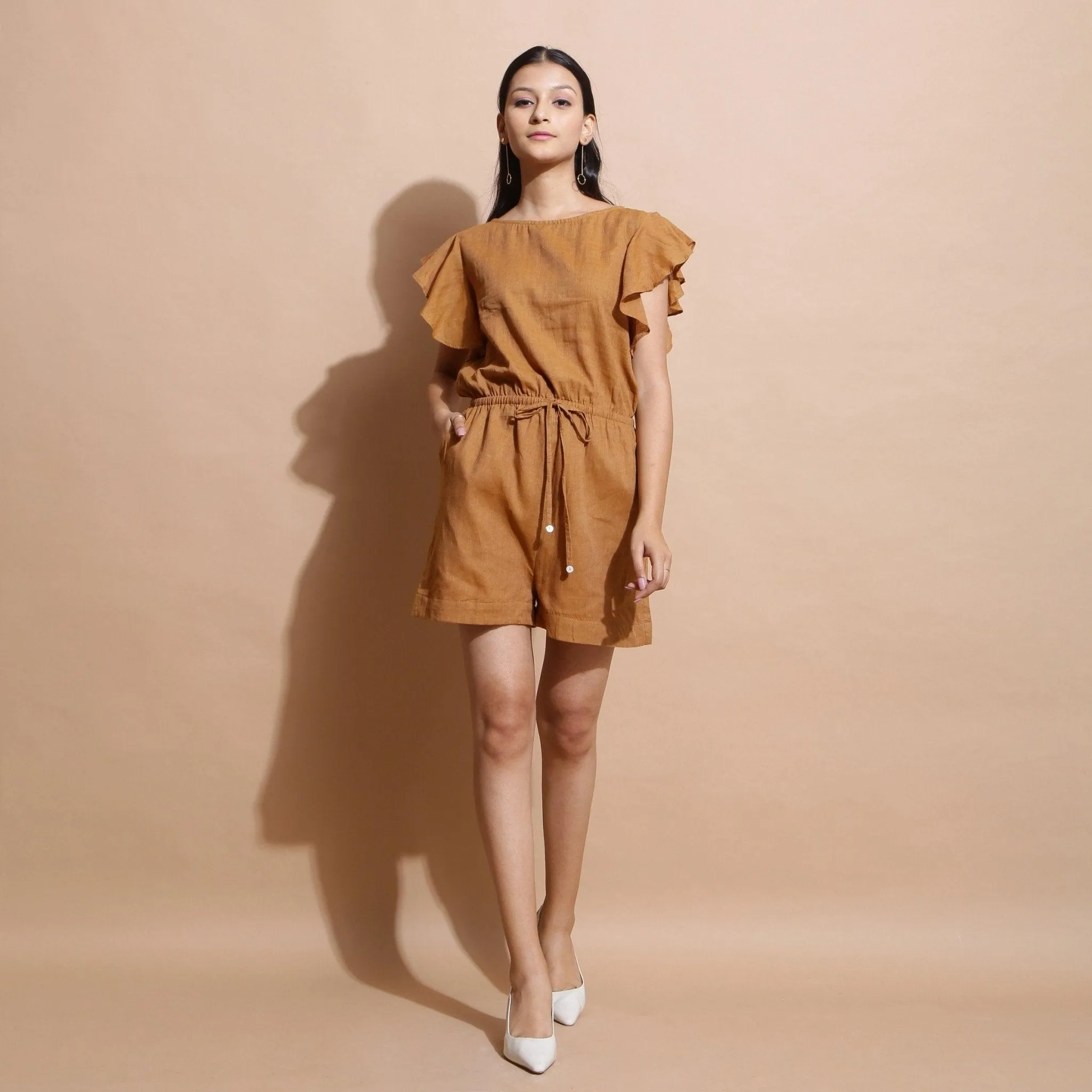Rust Cotton Muslin Elasticated Boat Neck Short Playsuit