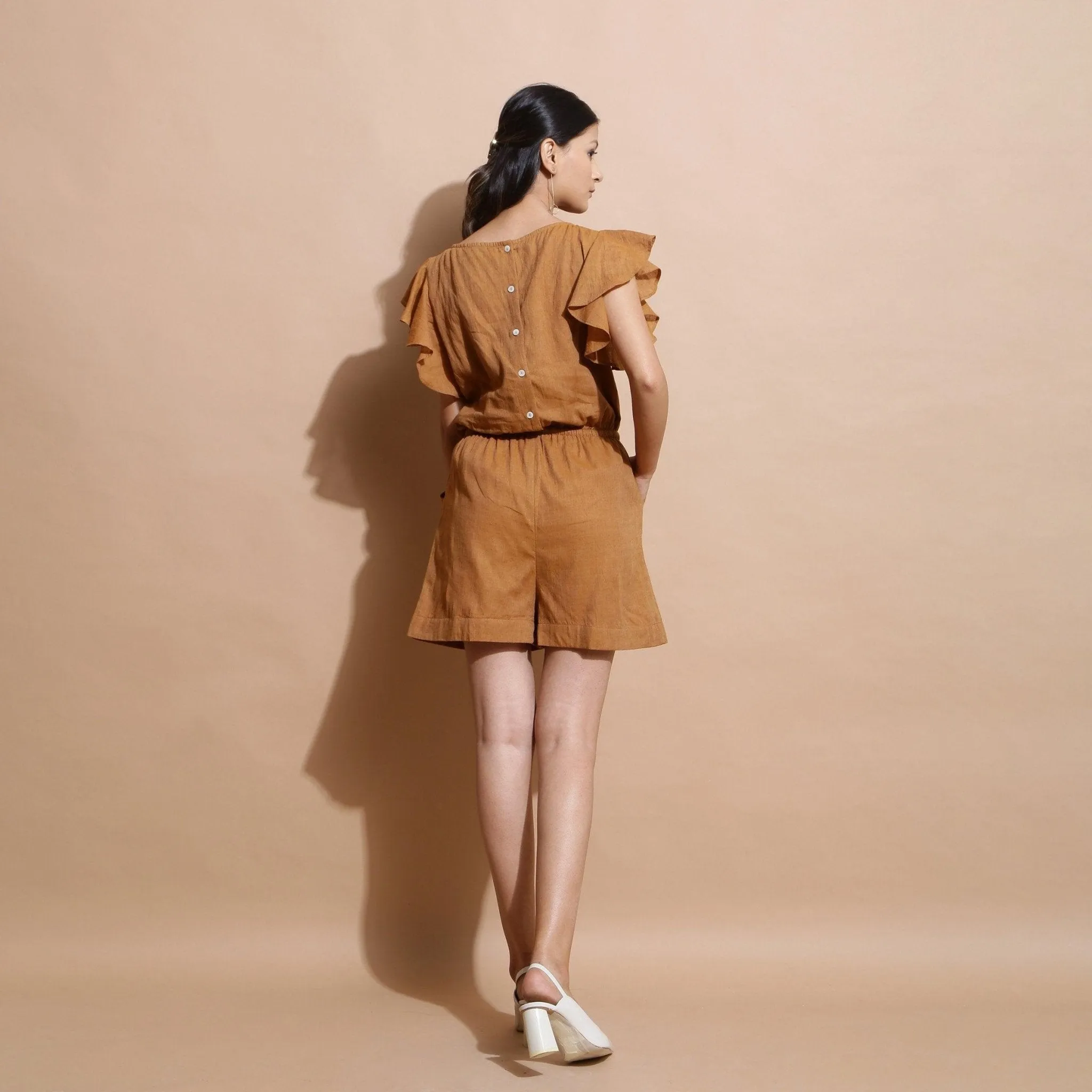 Rust Cotton Muslin Elasticated Boat Neck Short Playsuit