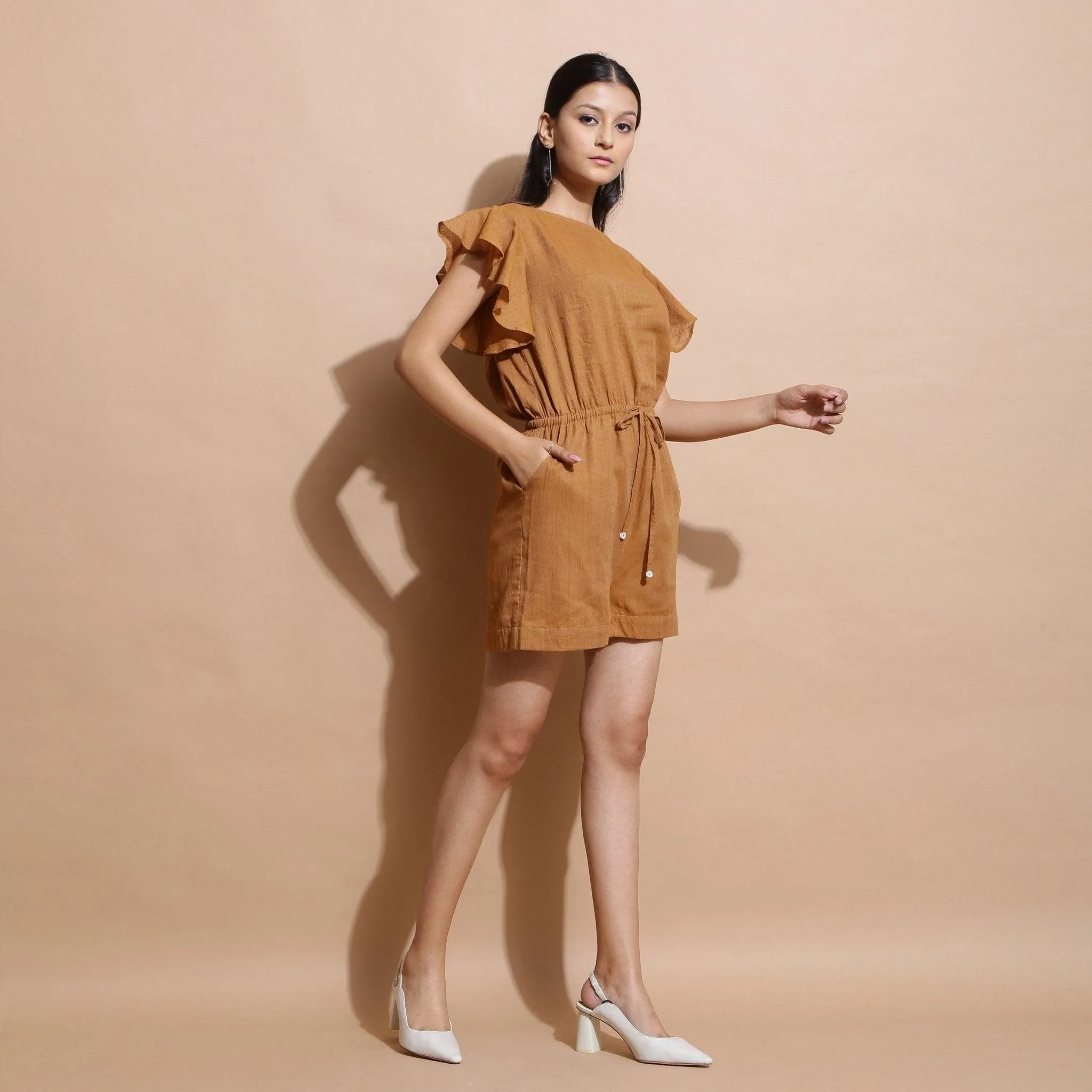 Rust Cotton Muslin Elasticated Boat Neck Short Playsuit