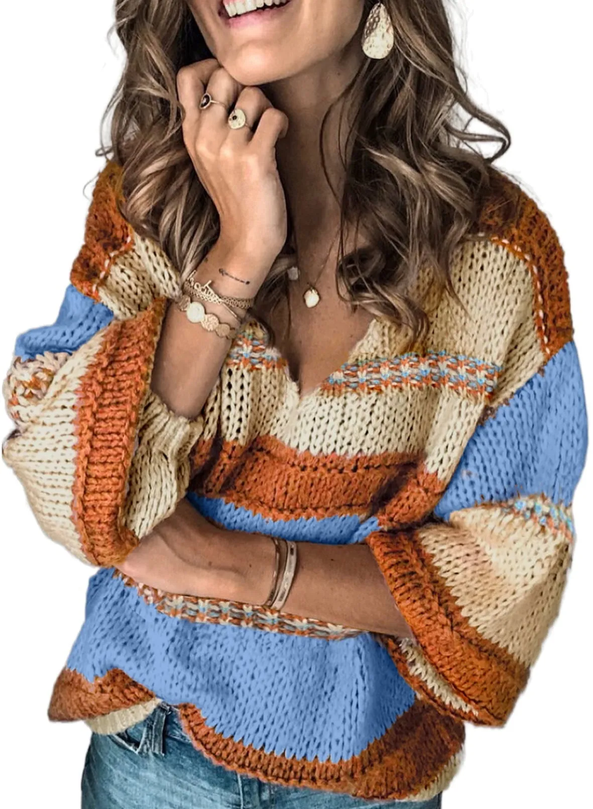 Sidefeel Women Sweater Tops Autumn Winter V-Neck Oversized Colorblock Knitted Pullover Blouses Jumper Tops XL 16-18
