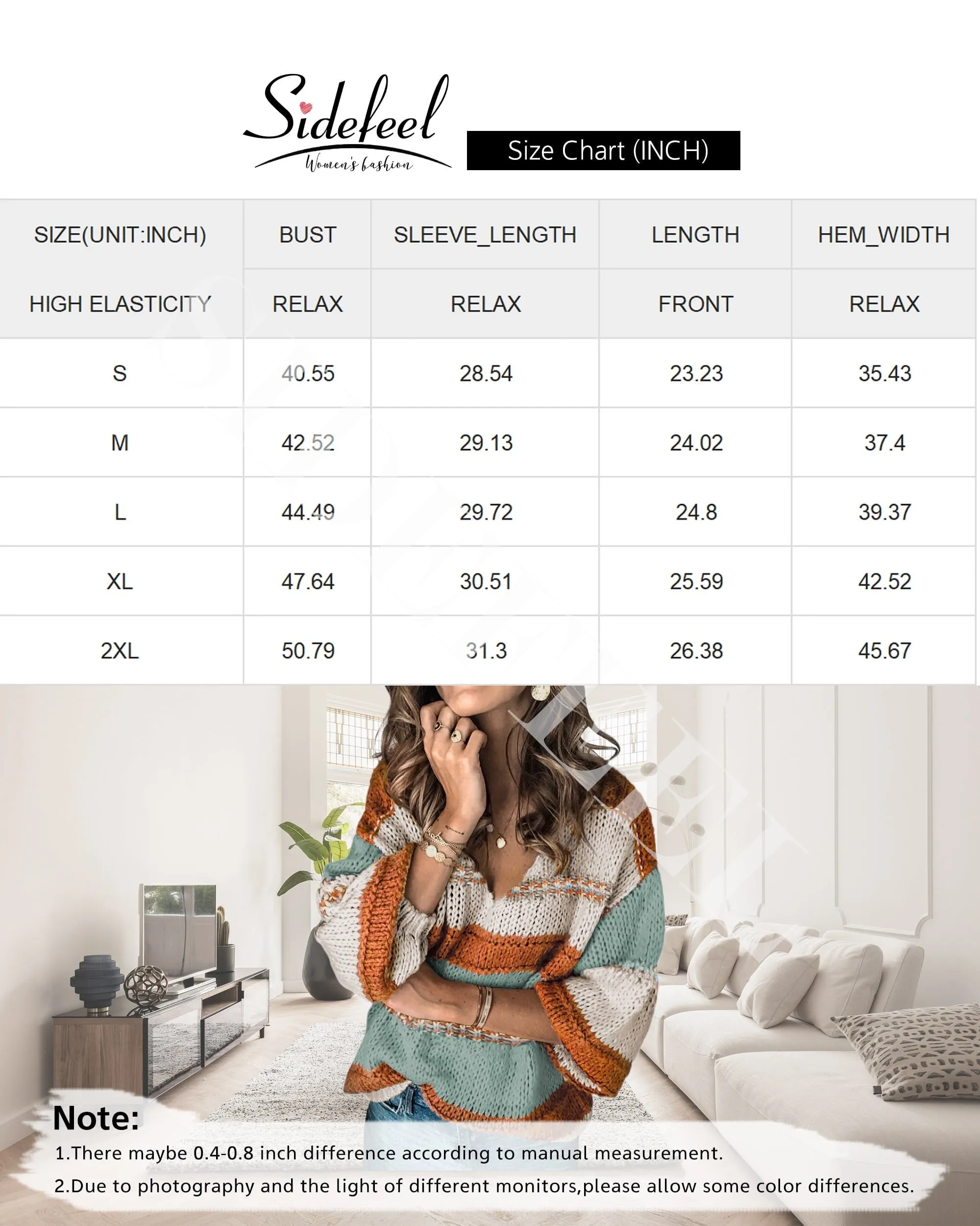 Sidefeel Women Sweater Tops Autumn Winter V-Neck Oversized Colorblock Knitted Pullover Blouses Jumper Tops XL 16-18