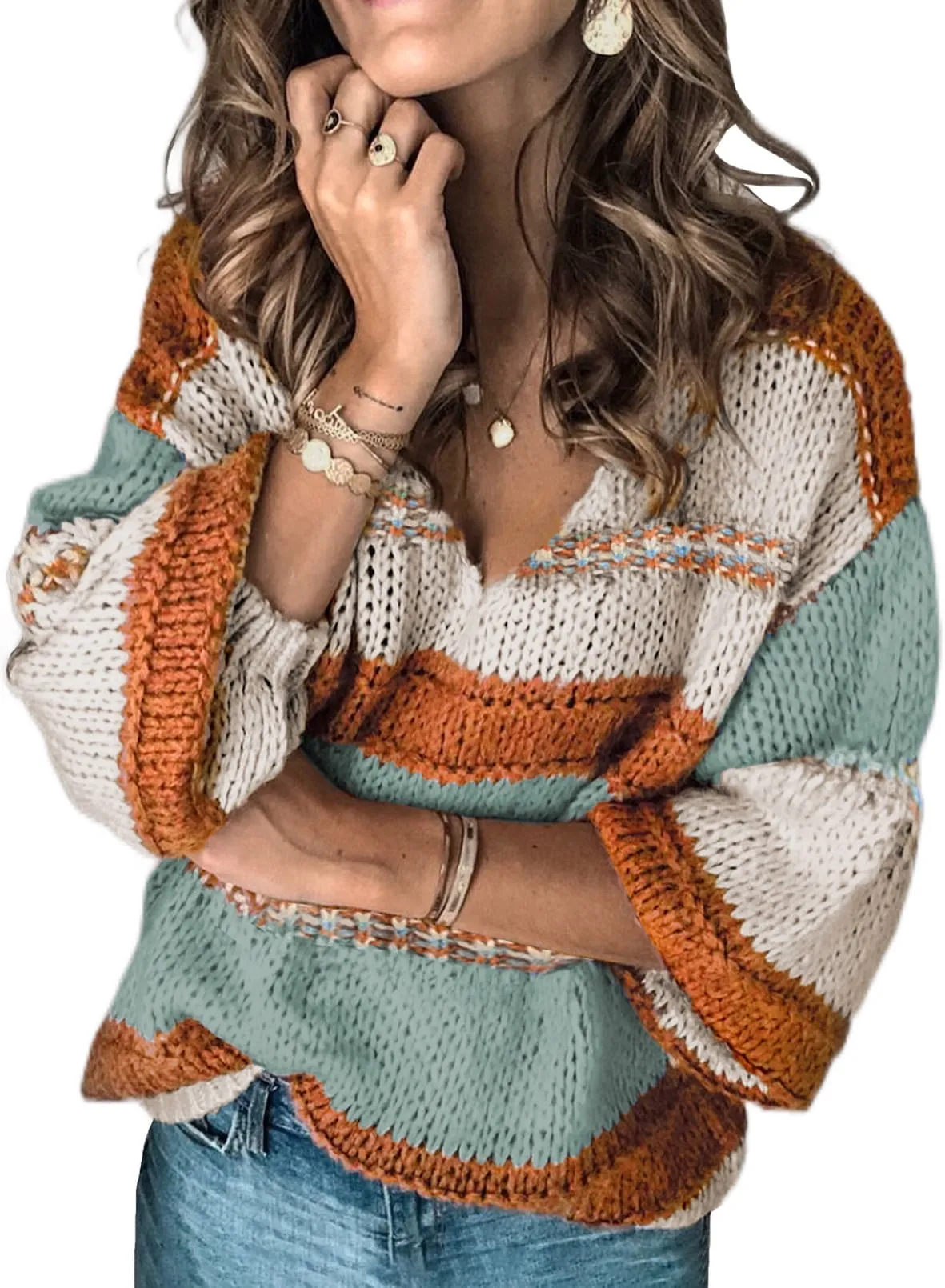 Sidefeel Women Sweater Tops Autumn Winter V-Neck Oversized Colorblock Knitted Pullover Blouses Jumper Tops XL 16-18
