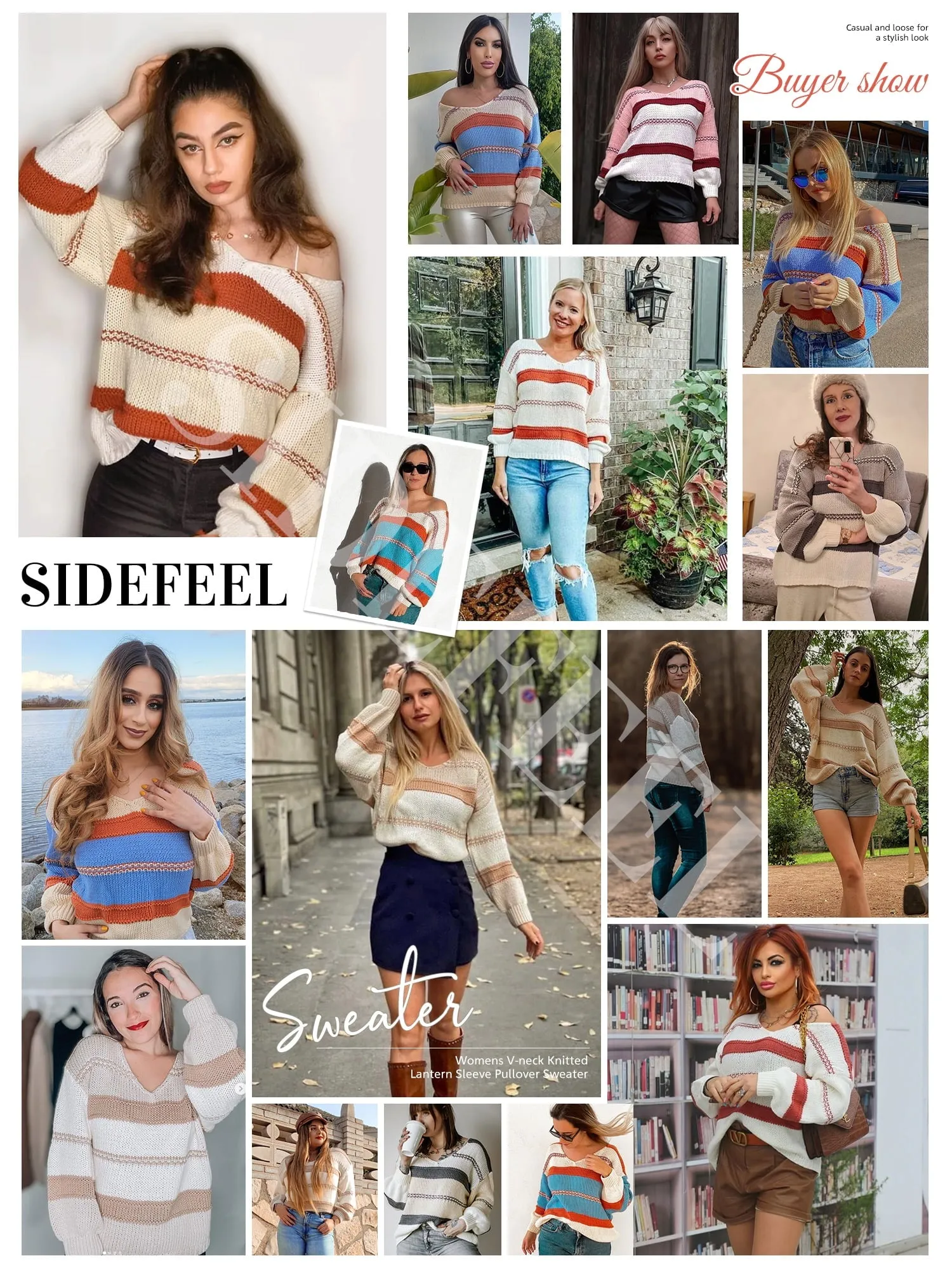 Sidefeel Women Sweater Tops Autumn Winter V-Neck Oversized Colorblock Knitted Pullover Blouses Jumper Tops XL 16-18
