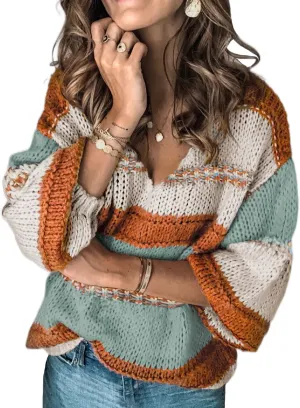 Sidefeel Women Sweater Tops Autumn Winter V-Neck Oversized Colorblock Knitted Pullover Blouses Jumper Tops XL 16-18