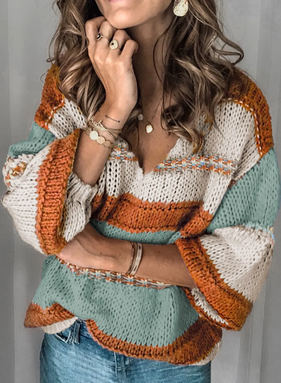 Sidefeel Women Sweater Tops Autumn Winter V-Neck Oversized Colorblock Knitted Pullover Blouses Jumper Tops XL 16-18