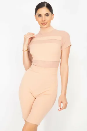 Stripe Mesh Mock Neck Biker Romper