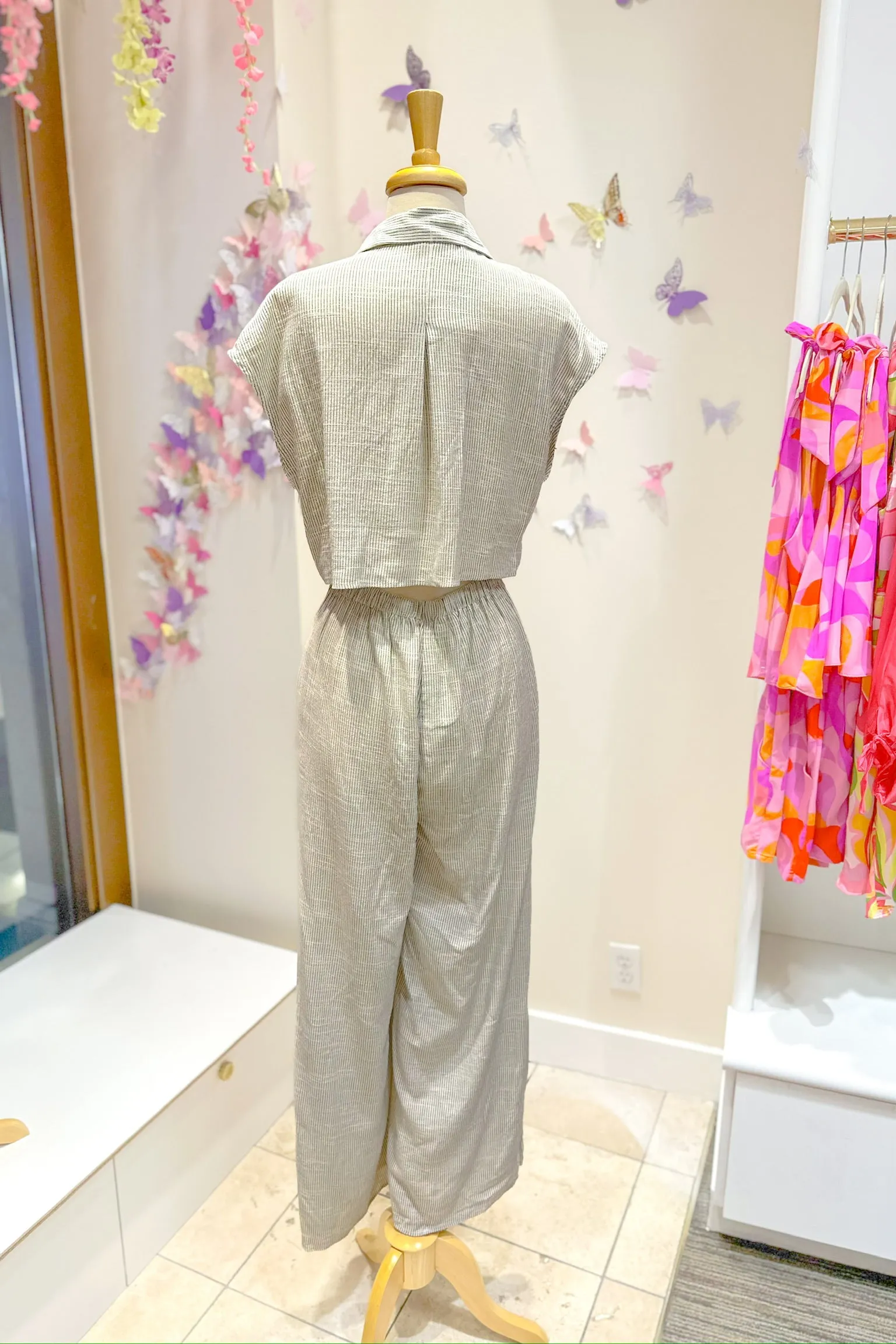 Striped Button Down Jumpsuit with Open Back