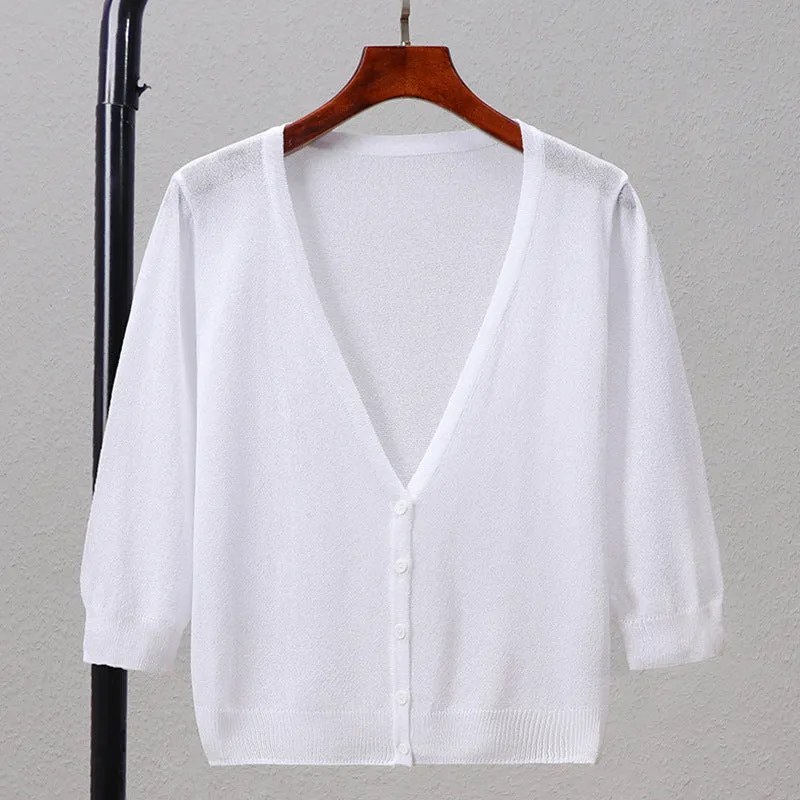 Summer Plus Size Women Ice Silk Matching Short Sunscreen Cardigan Sweater