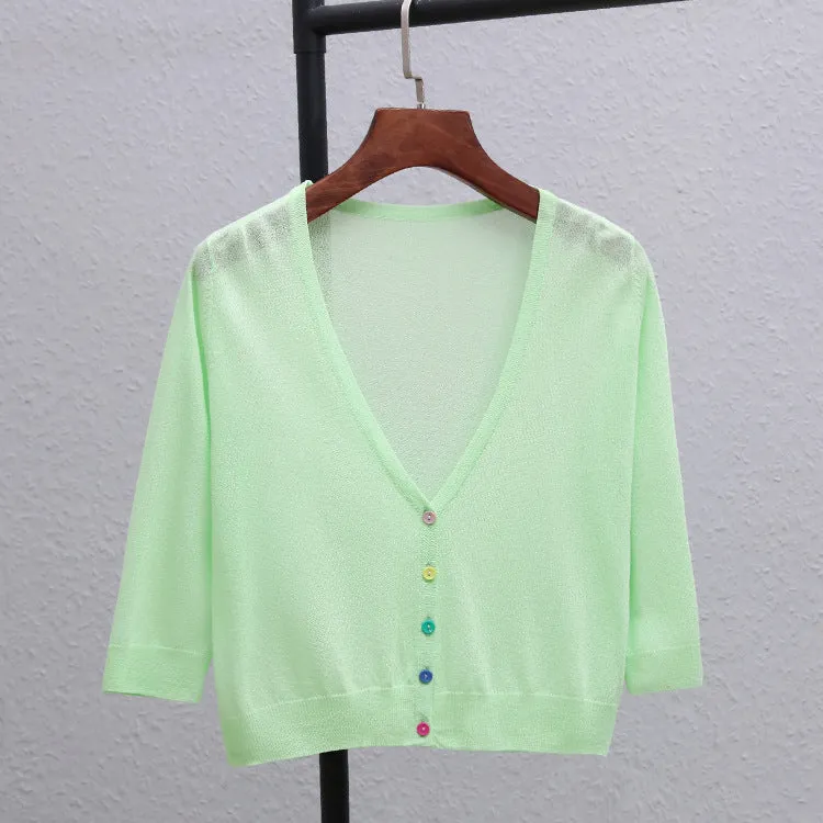 Summer Plus Size Women Ice Silk Matching Short Sunscreen Cardigan Sweater
