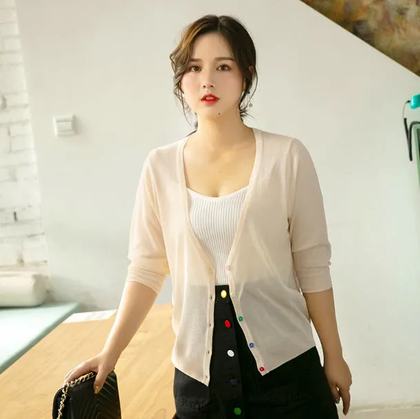 Summer Plus Size Women Ice Silk Matching Short Sunscreen Cardigan Sweater