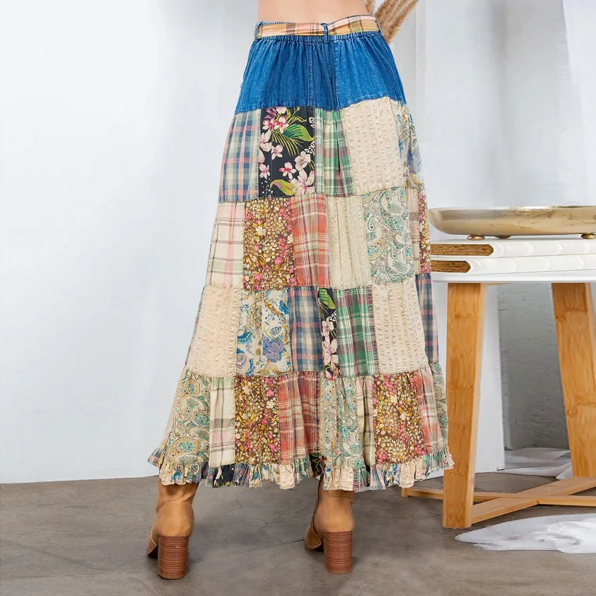 Western Boho Chic Patchwork Belted Skirt
