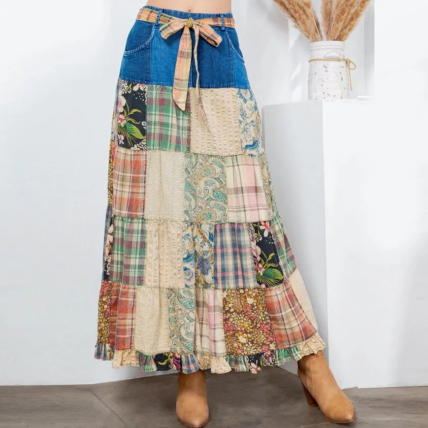 Western Boho Chic Patchwork Belted Skirt