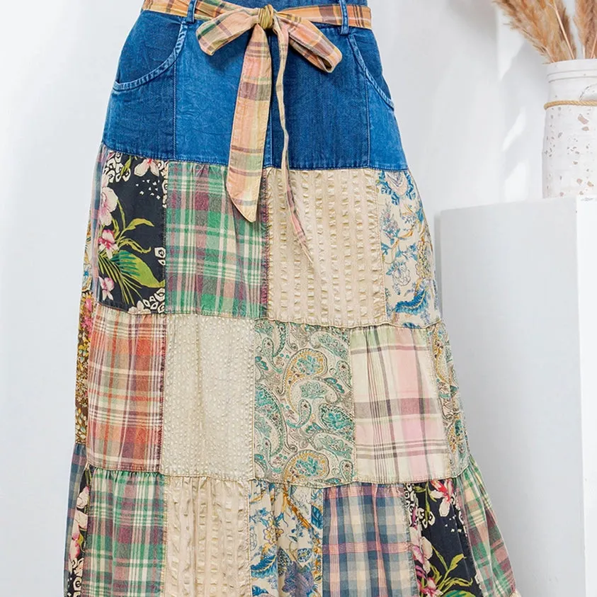 Western Boho Chic Patchwork Belted Skirt