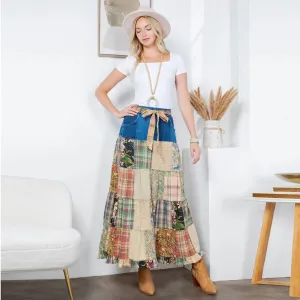 Western Boho Chic Patchwork Belted Skirt