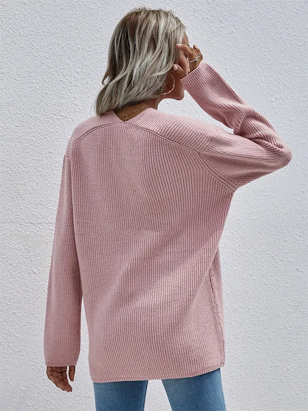 xakxx Casual Loose Solid Color V-Neck Sweater Tops