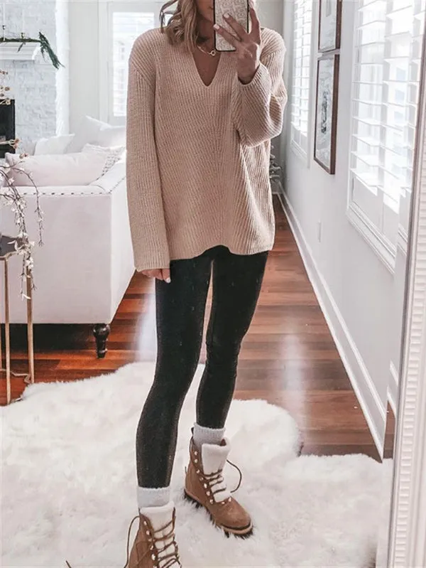 xakxx Casual Loose Solid Color V-Neck Sweater Tops