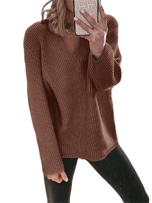xakxx Casual Loose Solid Color V-Neck Sweater Tops