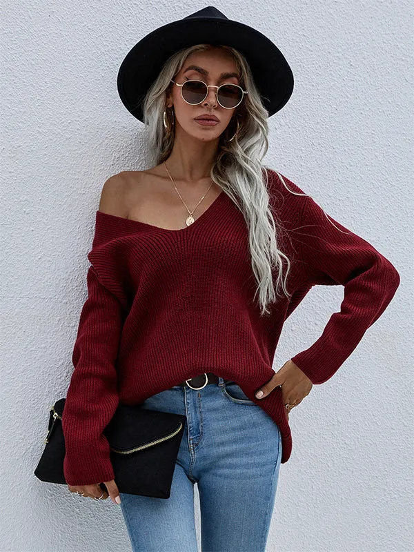 xakxx Casual Loose Solid Color V-Neck Sweater Tops