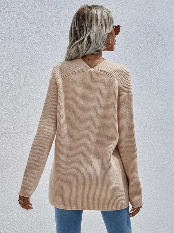 xakxx Casual Loose Solid Color V-Neck Sweater Tops