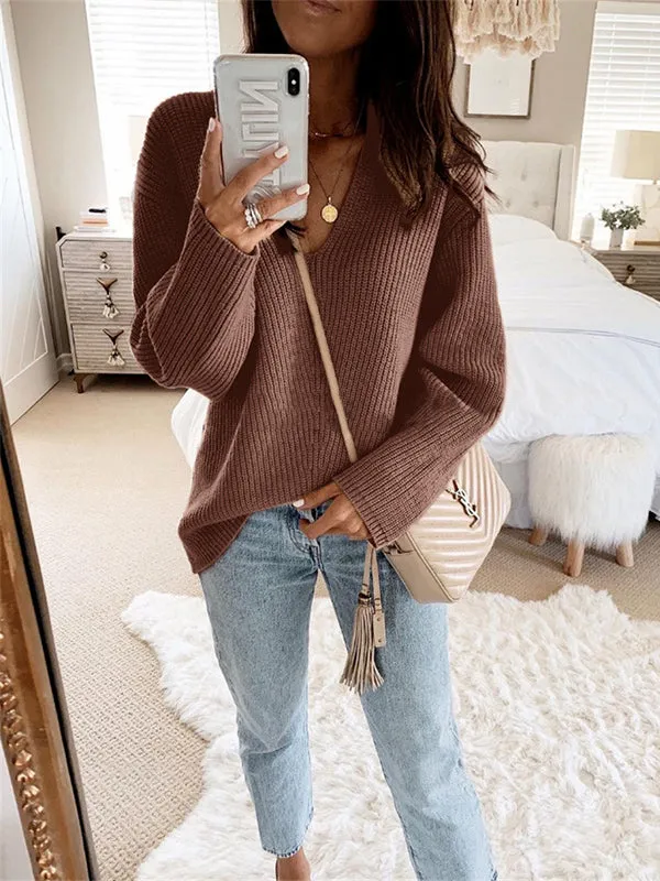 xakxx Casual Loose Solid Color V-Neck Sweater Tops