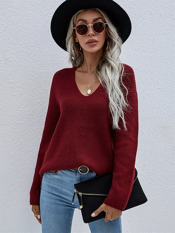 xakxx Casual Loose Solid Color V-Neck Sweater Tops