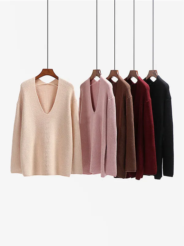 xakxx Casual Loose Solid Color V-Neck Sweater Tops