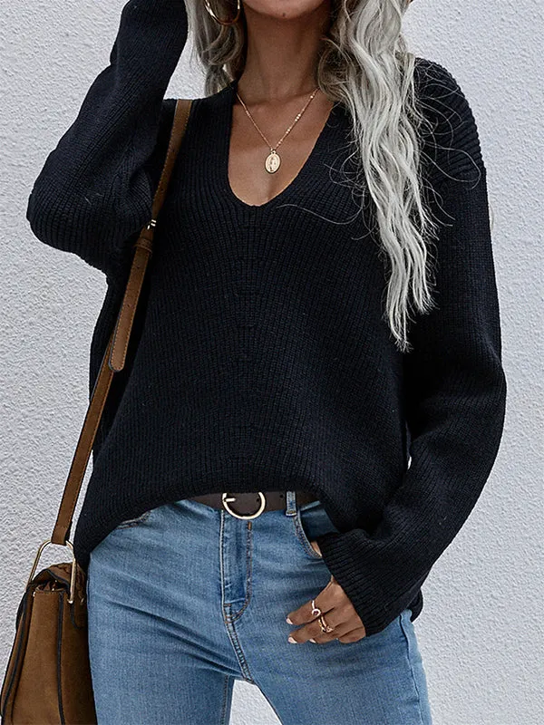 xakxx Casual Loose Solid Color V-Neck Sweater Tops