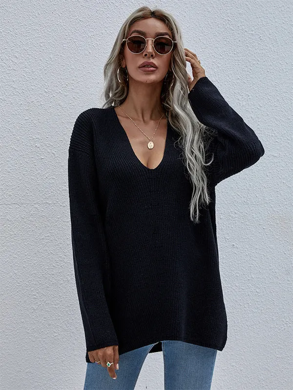 xakxx Casual Loose Solid Color V-Neck Sweater Tops