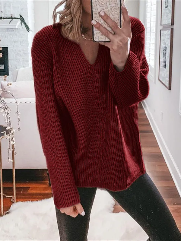 xakxx Casual Loose Solid Color V-Neck Sweater Tops