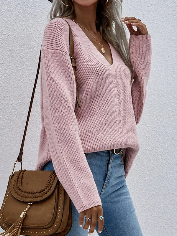xakxx Casual Loose Solid Color V-Neck Sweater Tops