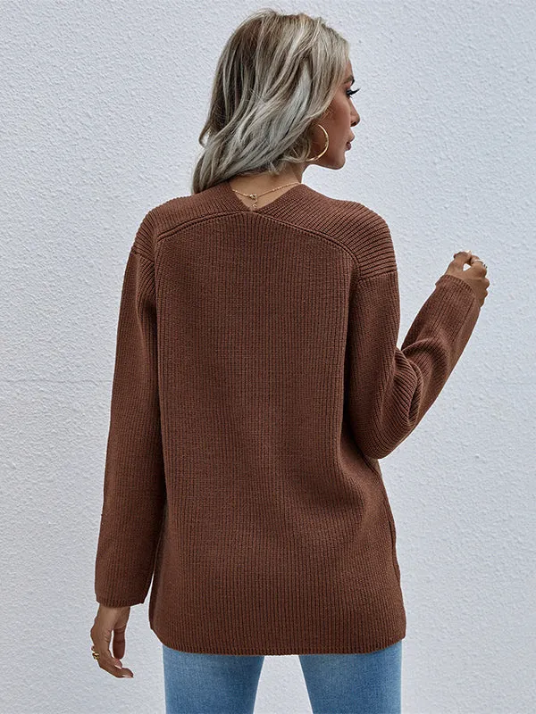 xakxx Casual Loose Solid Color V-Neck Sweater Tops