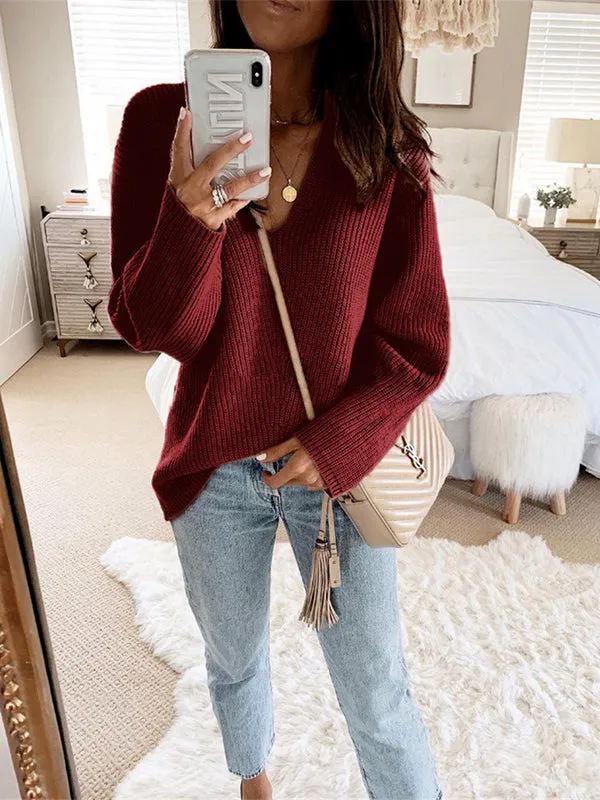 xakxx Casual Loose Solid Color V-Neck Sweater Tops