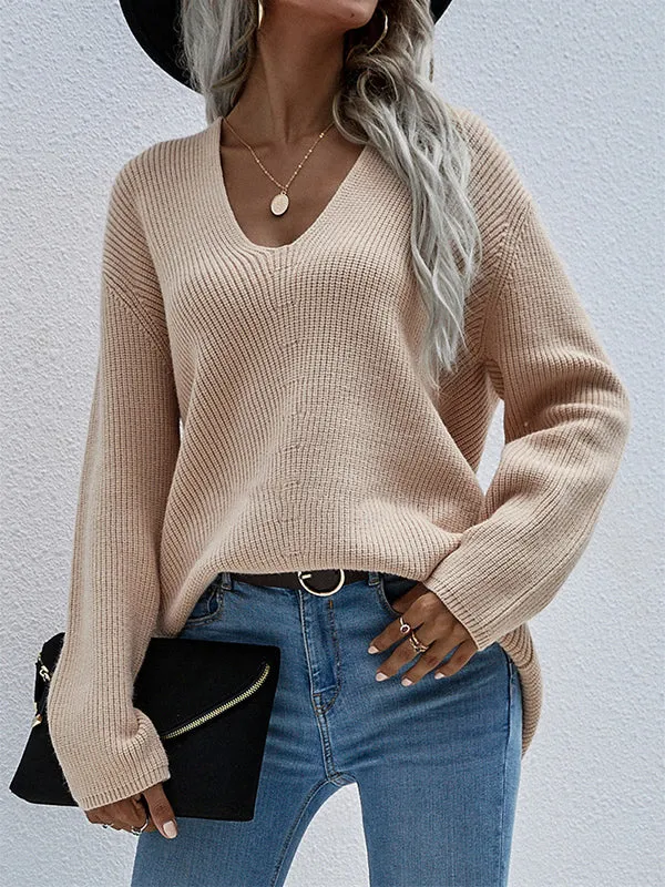 xakxx Casual Loose Solid Color V-Neck Sweater Tops