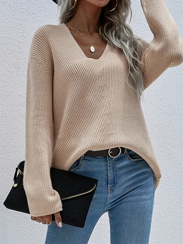 xakxx Casual Loose Solid Color V-Neck Sweater Tops