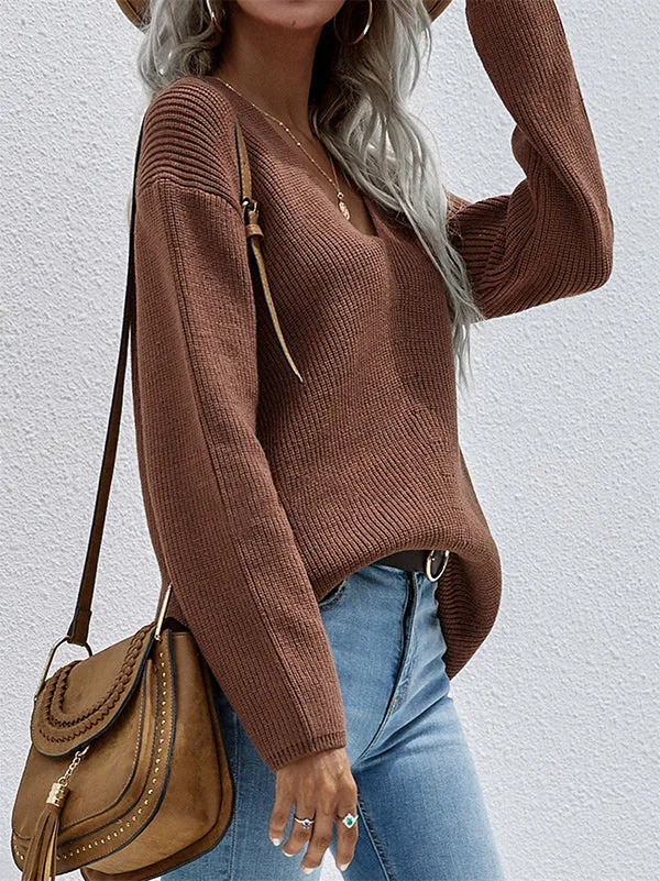 xakxx Casual Loose Solid Color V-Neck Sweater Tops