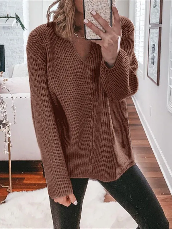 xakxx Casual Loose Solid Color V-Neck Sweater Tops