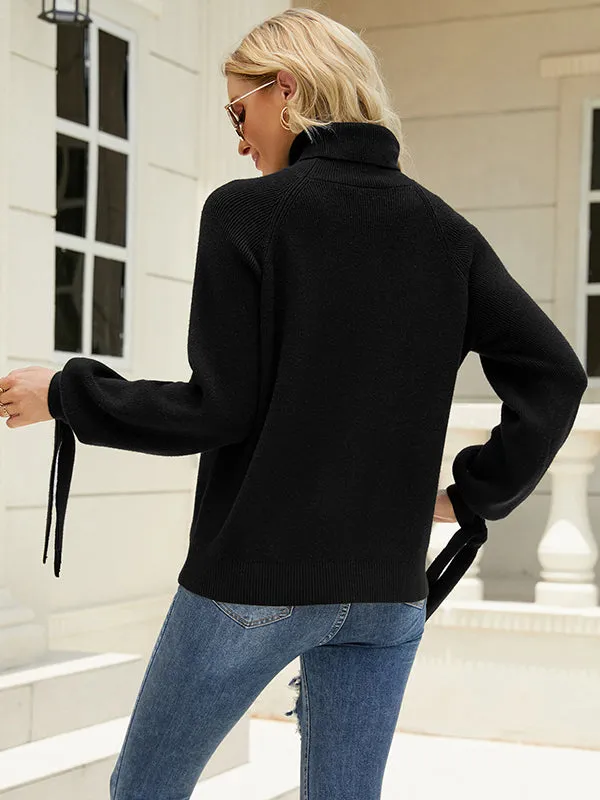 xakxx Loose Long Sleeves Solid Color High-Neck Sweater Tops