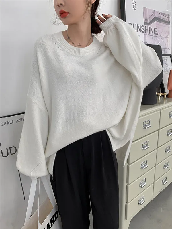 xakxx Stretch Mohair-Blend Balloon Sleeves Loose Solid Round-Neck Sweater Tops