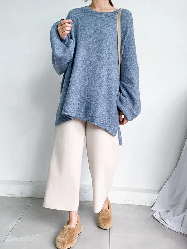 xakxx Stretch Mohair-Blend Balloon Sleeves Loose Solid Round-Neck Sweater Tops