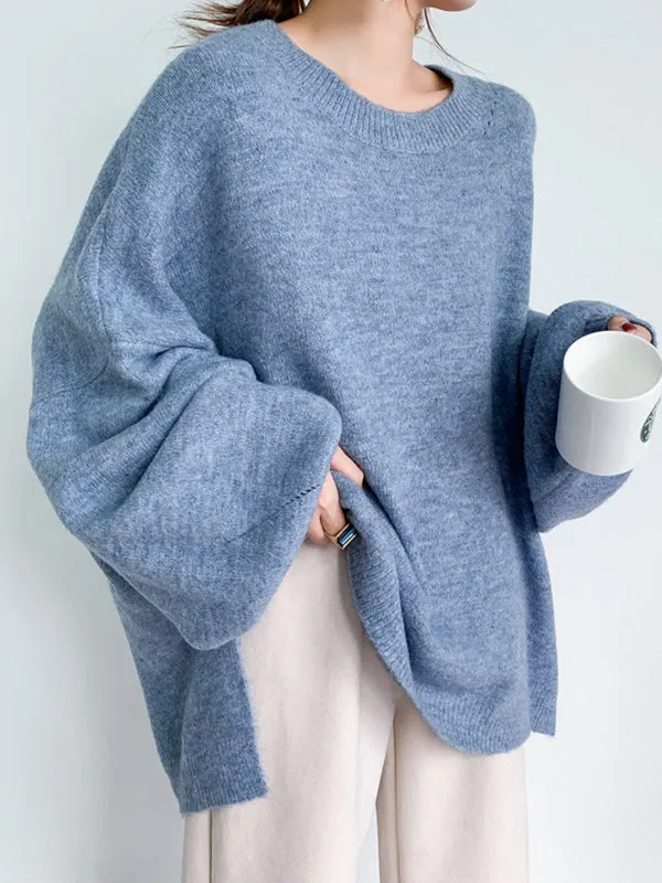 xakxx Stretch Mohair-Blend Balloon Sleeves Loose Solid Round-Neck Sweater Tops
