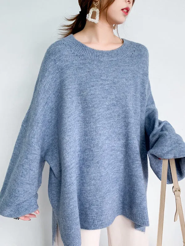 xakxx Stretch Mohair-Blend Balloon Sleeves Loose Solid Round-Neck Sweater Tops